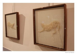 From the series "Fleeced", Tully uses cotton waste and thread on Fabriano to express the unfeeling  victimization of animals in the mass production of animal products and byproducts by the humankind. 